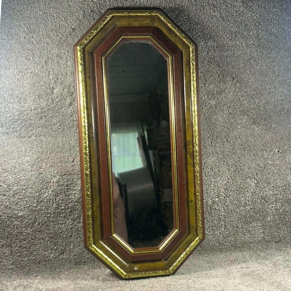 Octagon Wall Mirror Gold Brown Wood Frame Vintage Regency